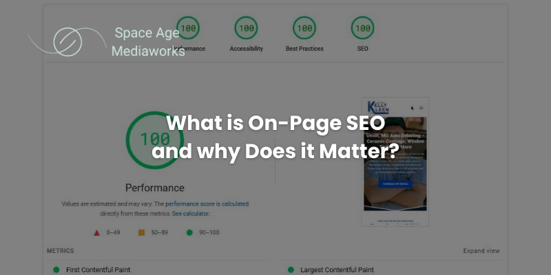 a sample PageSpeed Insights report for a Space Age Mediaworks customer's website showing perfect 100 scores across the board